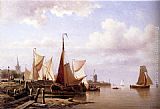 Moored Canvas Paintings - A River Estuary With Moored Fishing Pinks And Townsfolk On The Quay